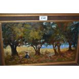 Italian school oil on canvas, seated child by a woodland with boating lake beyond,