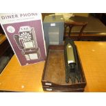 Modern boxed 1950's style diner telephone, two 1940's oak desk top trays,