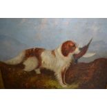 19th Century oil on canvas, a gun dog with game in a landscape, signed Langois, 19.5ins x 27.
