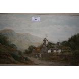 20th Century watercolour, figure on a track before a cottage in a Highland landscape, signed Hilton,