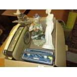 Two radios by Bush and Hacker together with a composition figure of Venus and two other figures