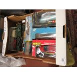 Box containing a quantity of various die-cast model vehicles including Burago,