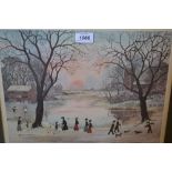 Helen Bradley, signed coloured print, figures walking before a pond and church in a winter sunset,