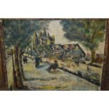 Impressionist style oil on board, figures in a street with Notre Dame in the background,