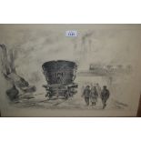Russian school pencil drawing, figures in an industrial landscape,