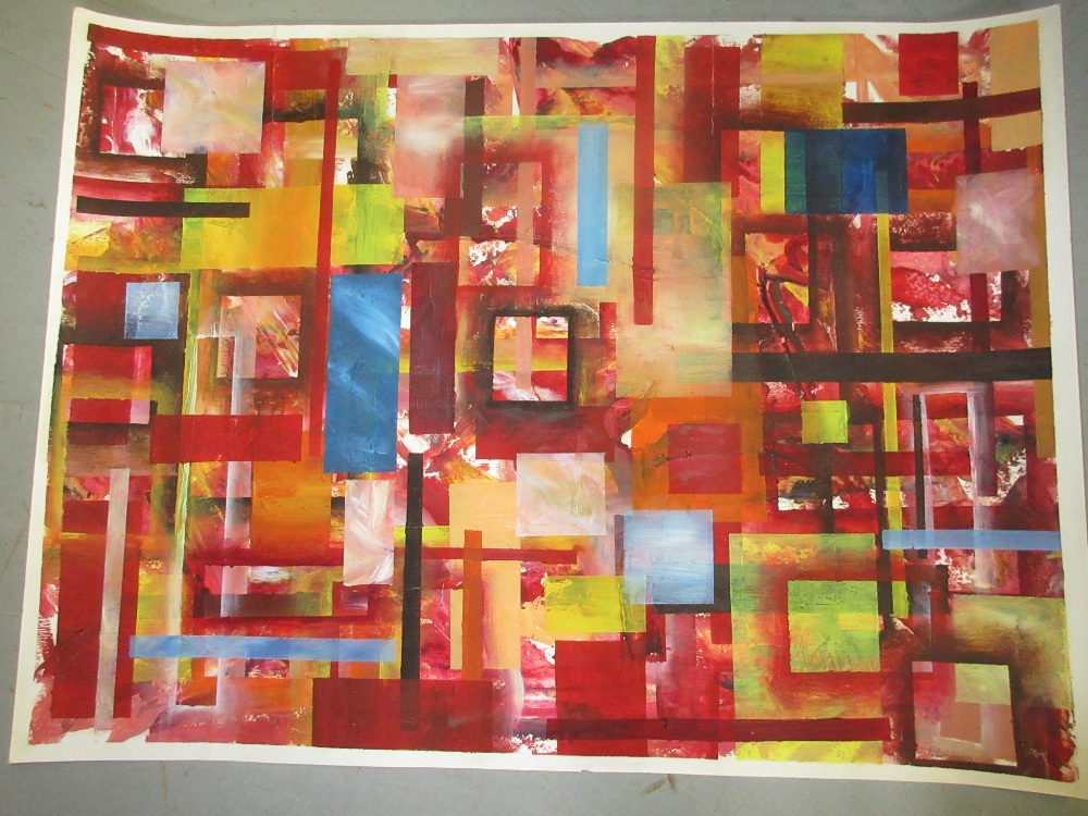 20th Century acrylic abstract study, indistinctly signed, 16ins x 22ins,