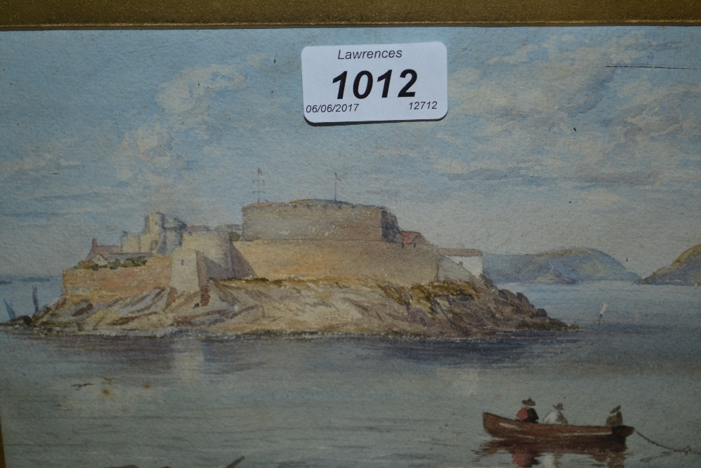 Small 19th Century watercolour, figures in an open boat before a fortified island,