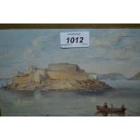 Small 19th Century watercolour, figures in an open boat before a fortified island,