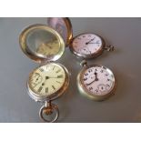 Silver (800 mark) hunter pocket watch together with a Waltham hunter pocket watch and an open face