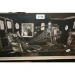 Rachel Laving unsigned framed etching, figures in an interior together with another similar,