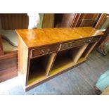 Reproduction yew wood dwarf open bookcase together with another similar smaller bookcase