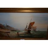 Robert Dumont Smith, oil on panel, sailing boats in heavy surf off the coast, signed, 9.