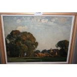 20th Century oil on board, impressionist style landscape with trees and church, indistinctly signed,