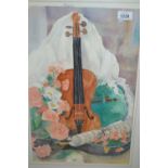 Sandi Gray, watercolour, study, violin and camellias, signed, 18ins x 11.