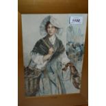 Gilt framed watercolour, portrait of a fisher girl on a quayside, inscribed on frame slip F.M.