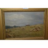 E. Brown, signed oil, landscape with figure and horsedrawn cart crossing a field, 8ins x 11.