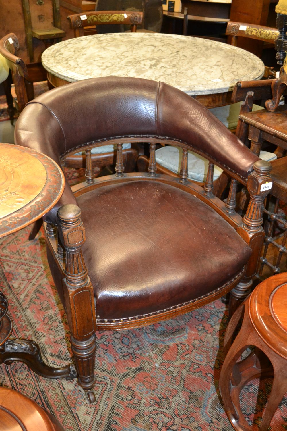 19th Century oak and upholstered tub shaped desk chair