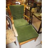 Early 20th Century mahogany recliner armchair together with a matching footstool with cane seat