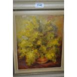 Oil on board, study of yellow acacia blossom, signed De Boever,