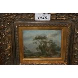 Antique miniature oil on panel, figure in a rural landscape,