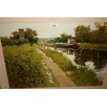 John Haskins, 20th Century acrylic, fishermen on a canal tow path, signed, 19ins x 27ins,