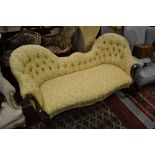 Victorian rosewood gold floral button upholstered double spoonback sofa,