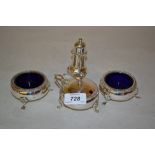 20th Century four piece silver condiment set in Georgian style with blue glass liners,