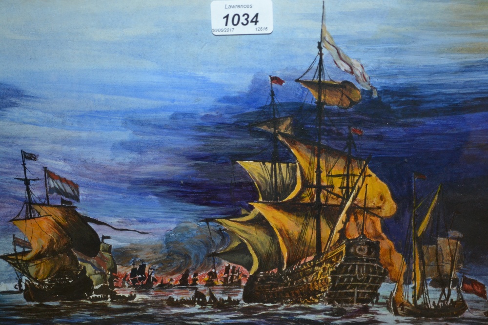 Watercolour, after an engraving, Robert Blake in battle with the Dutch fleet, signed Drew, 1987, 9.