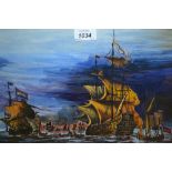 Watercolour, after an engraving, Robert Blake in battle with the Dutch fleet, signed Drew, 1987, 9.