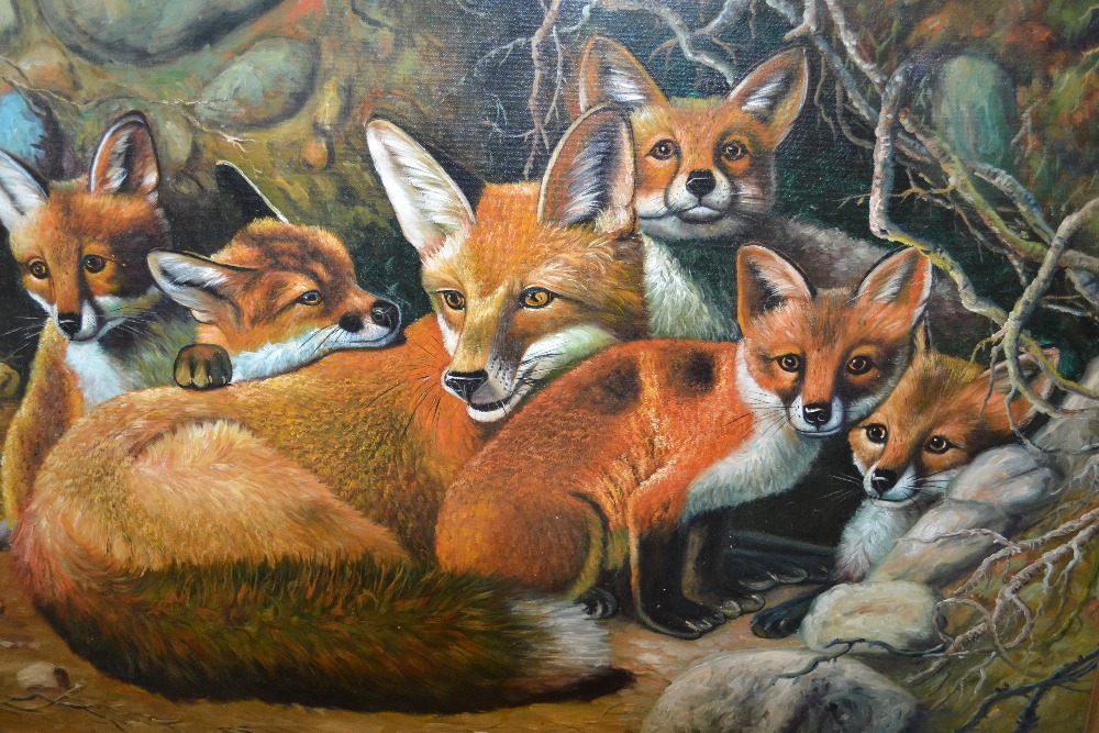 20th Century oil on canvas, a vixen with her cubs in a woodland setting,