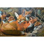 20th Century oil on canvas, a vixen with her cubs in a woodland setting,
