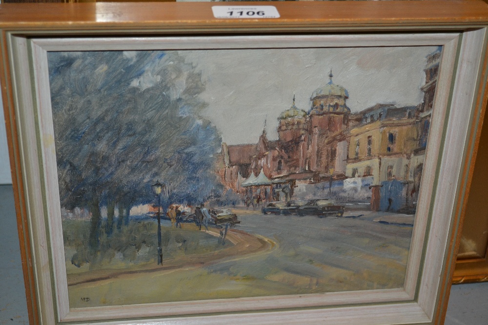 Michael Darling, monogrammed oil, street scene entitled verso ' Richmond Theatre ',