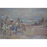 Glady's McCabe, mixed media on board, figures and horses on a beach, signed, 14ins x 19ins,