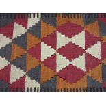 Kelim table runner with geometric design on burgundy, blue, white and orange ground, 17.