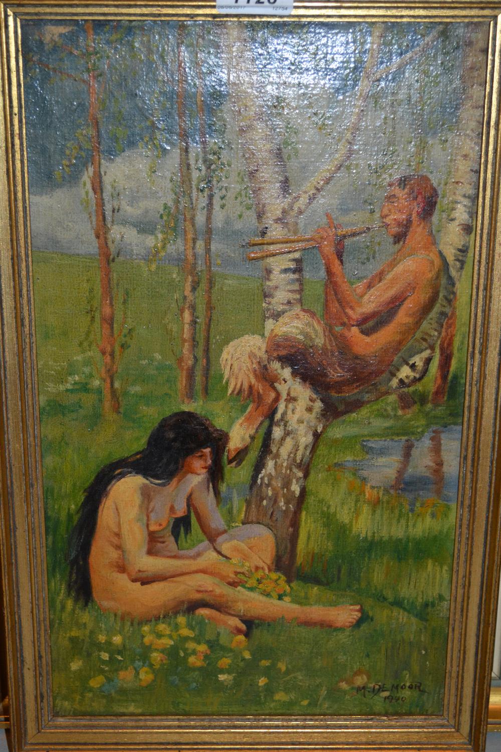 M. De Moor, signed oil on canvas, study of Pan with a female nude by a woodland lake, 16ins x 9.