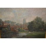 W.E. Fox, signed oil on canvas, riverside town with boatman and cattle at the water's edge, 15.