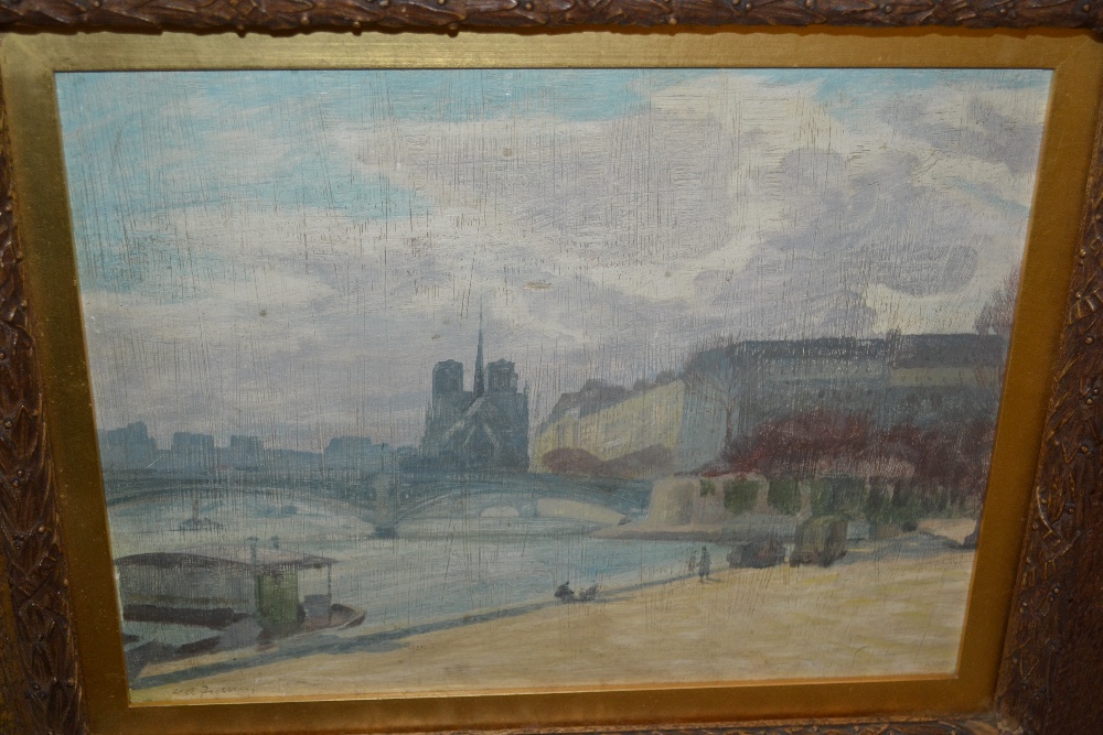 H.A. Finney, signed oil, view of Notre Dame from the Seine with figures to the foreground, 9.