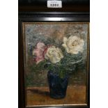 Early 20th Century oil on board, roses in a vase,
