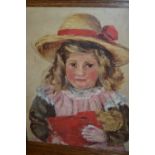 Oil on canvas, a young girl wearing a straw hat, oak framed, unsigned, 15ins x 13ins,