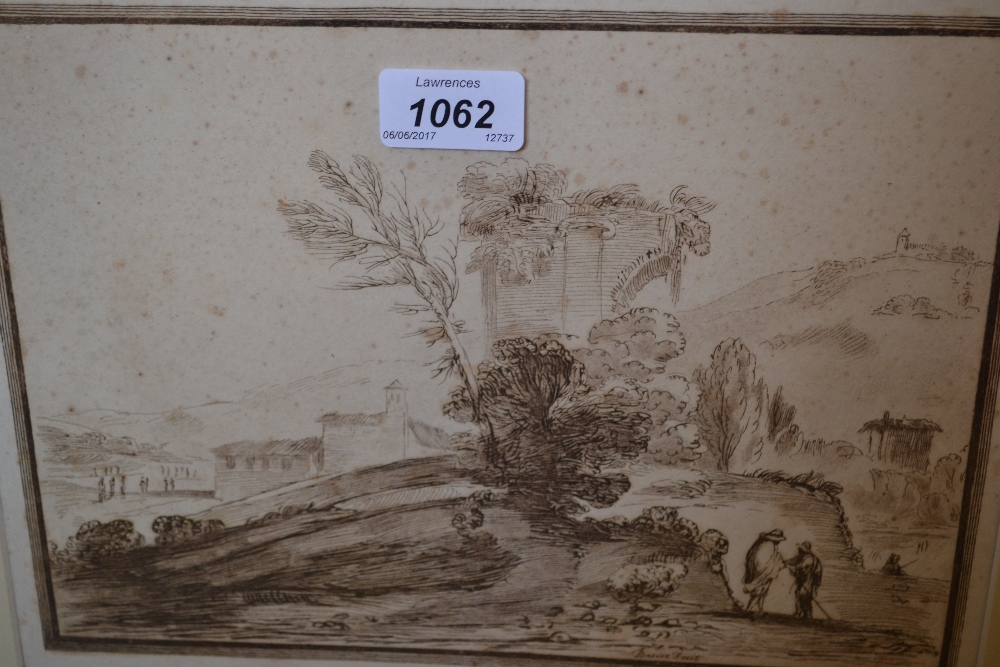 Guercino, 17th Century engraving, landscape with figures, 8ins x 11ins,