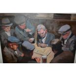 Irish school oil on canvas, gentleman playing dominoes in a pub interior,