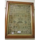 19th Century maple framed pictorial and motto sampler by Matilda Anne Pretty,