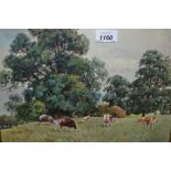 Gertrude Martineaw, watercolour of cattle grazing in a landscape, signed, 9.5ins x 13.