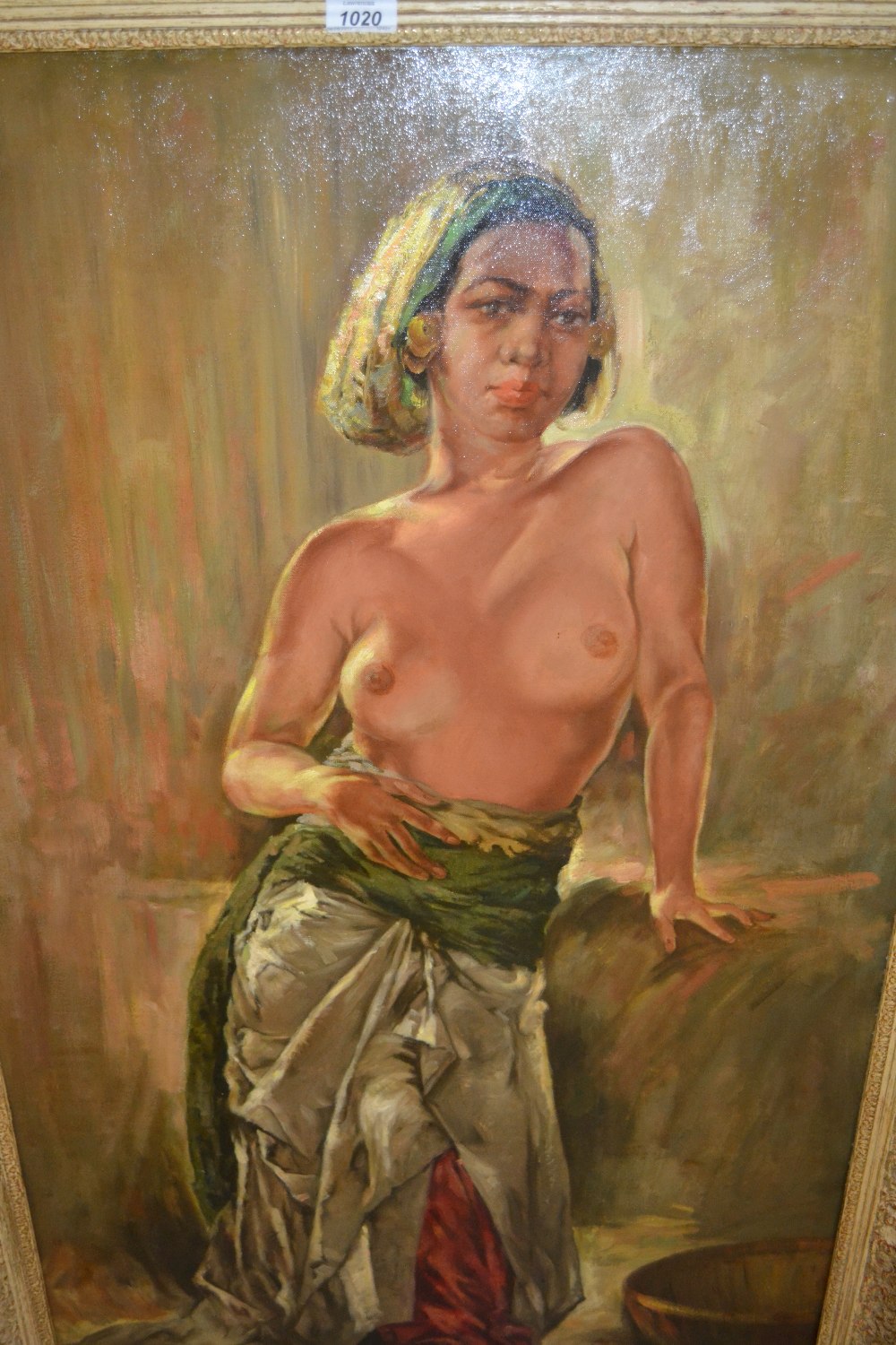 Hasim, large 20th Century oil on canvas, portrait study of an Indonesian semi nude girl, signed, 43.