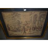 Machine woven tapestry picture, figures in a Spanish courtyard,