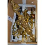 Pair of gilt brass floral design three light wall sconces, a glass chandelier (a/f),