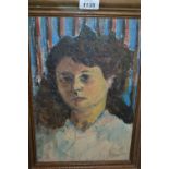 Oil on board, half length portrait of a young lady in a white tunic,