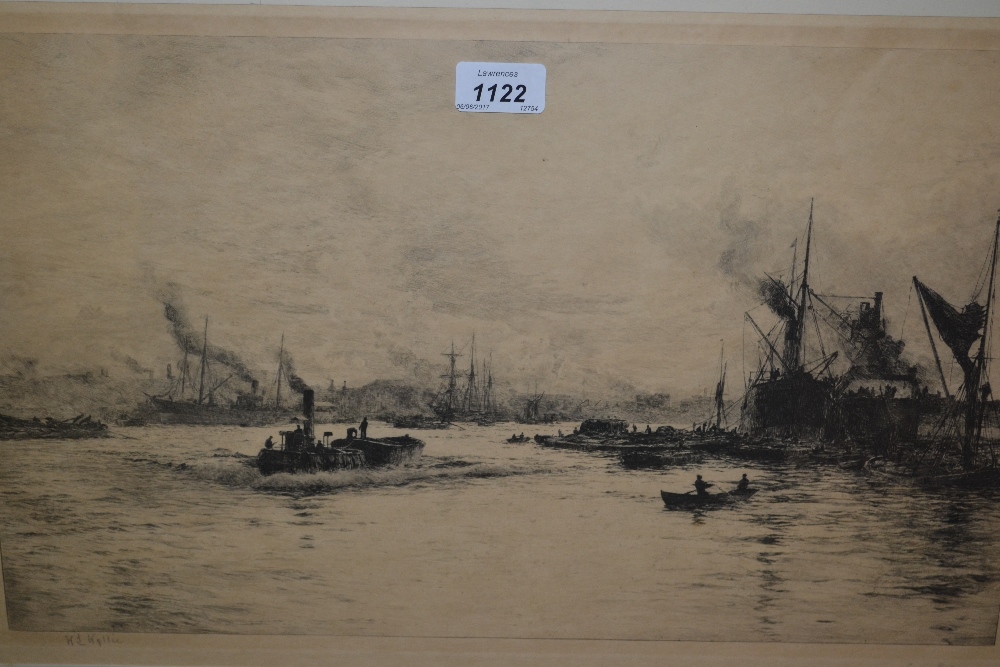 W.L. Wyllie, signed etching, shipping on The Thames, inscribed ' London Pool ', 12.
