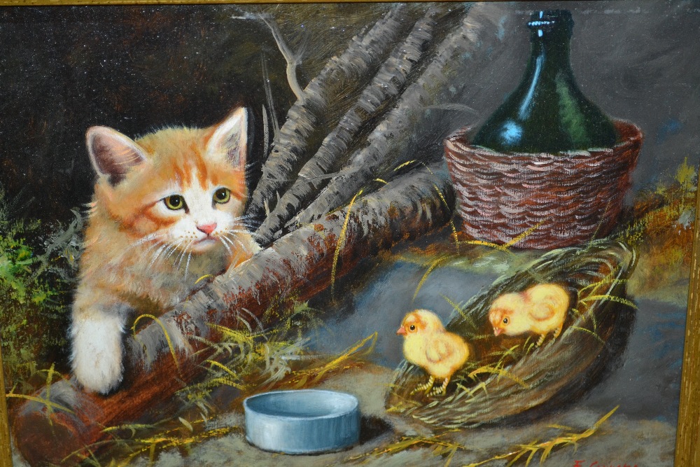 Edouard Cerrone, oil on panel of a kitten and chicks, signed,