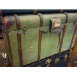 Early 20th Century green fibre wooden banded travelling trunk